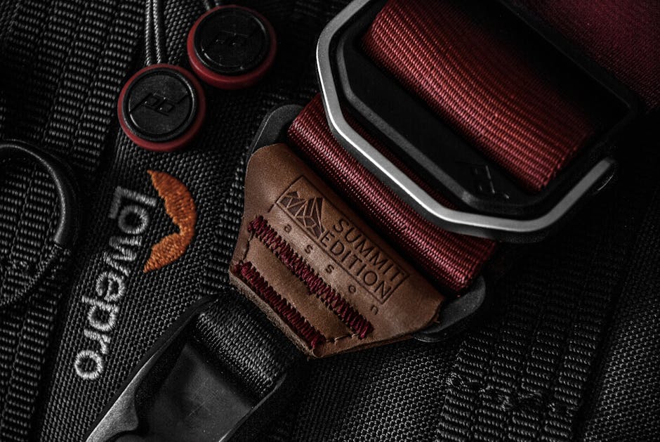 Detailed close-up of an elegant leather strap on a camera bag, showcasing craftsmanship.