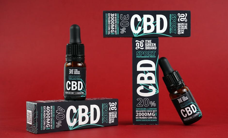 CBD oil products in packaging on display, highlighting sports and wellbeing benefits.